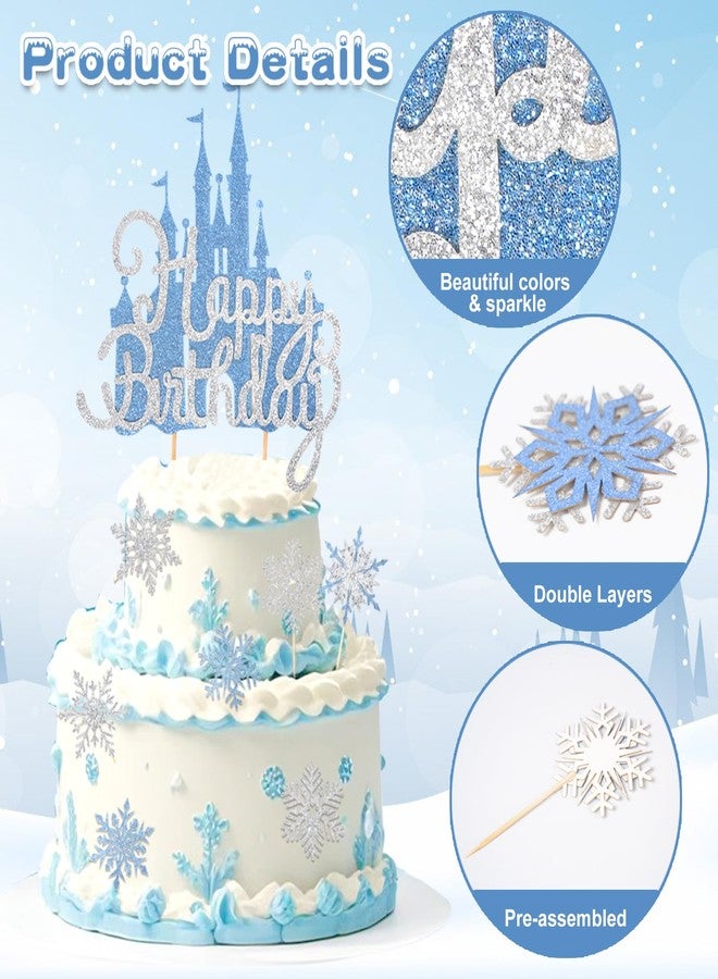 Wootkey 2Pcs Frozen Castle Cake Toppers Blue Princess Cake Decorations Frozen Theme Birthday Castle Party Picks for Winter Wonderland New Year Party Supplies - Image 3